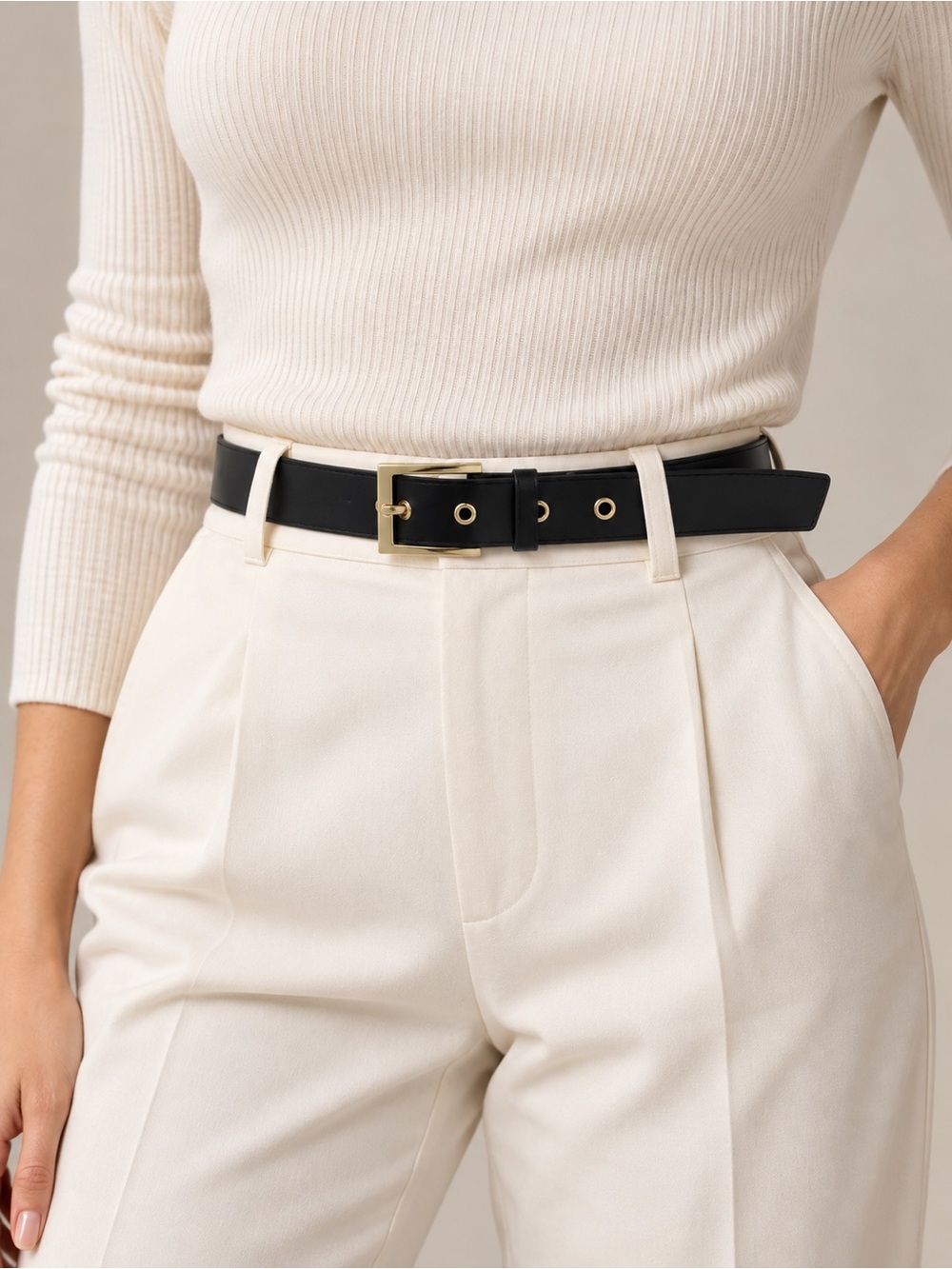 Talbots Black Leather Belt with Gold Buckle